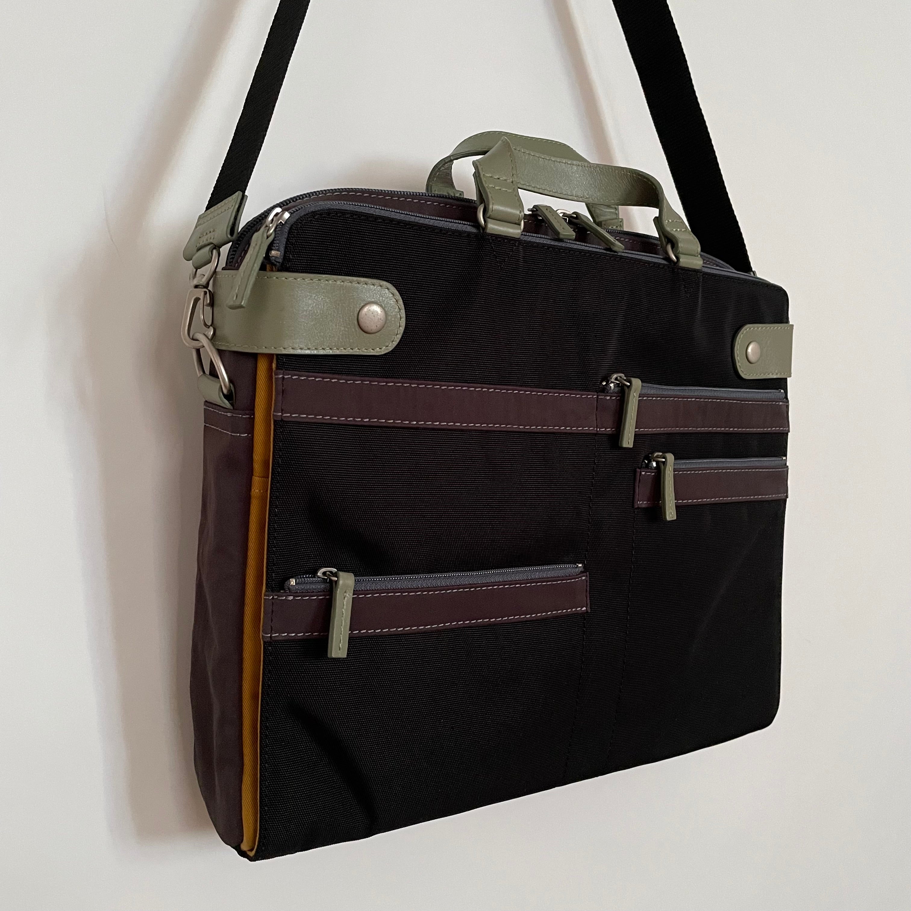 Premium Collection | Nylon x Leather Briefcase with Stripe Stitch Accents | Black x Sage